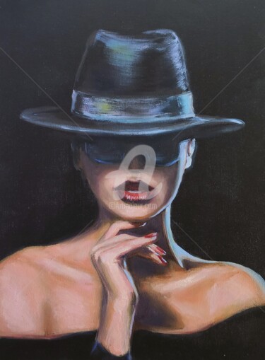 Femme Fatale Beautiful Woman Hat Sunglasses Sunglasses Black 绘画 标题为“Femme Fatale Beauti…” 由Anastasia Akunina, 原创艺术品, 油