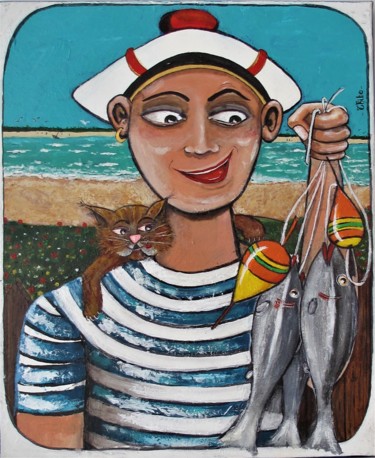 Une pêche formidable. Acrylique/toile 60x50cm Peinture intitulée "Une pêche formidabl…" par Thibo, Œuvre d'art originale, Acrylique
