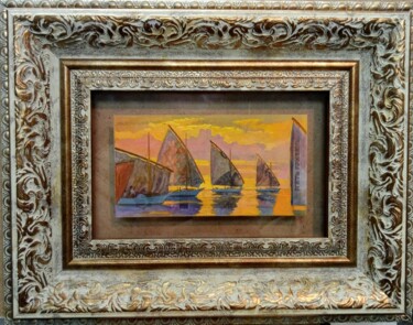 sea scenery, sunset, boats, yachts, Painting titled "sea scenery, sunset…" by Kyrylo Bondarenko, Original Artwork, Oil