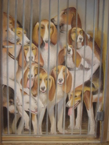 Disegno intitolato "Meute prête à chass…" da Agnes Corre, Opera d'arte originale, Pastello Montato su artwork_cat.