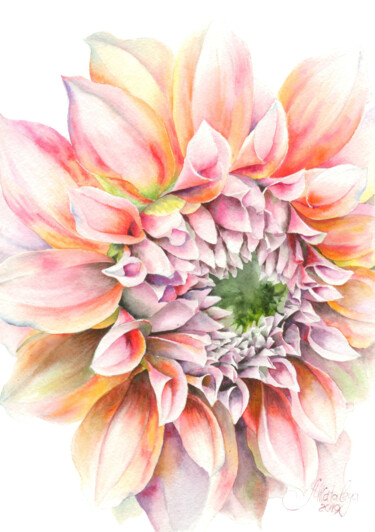 Картина под названием "Dahlia Peaches and…" - Olga Matyunina, Подлинное произведение искусства, Акварель