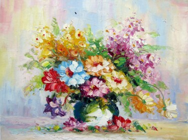Painting titled "Vase Flower 010" by Greg Leander, Original Artwork, Oil Mounted on Wood Stretcher frame