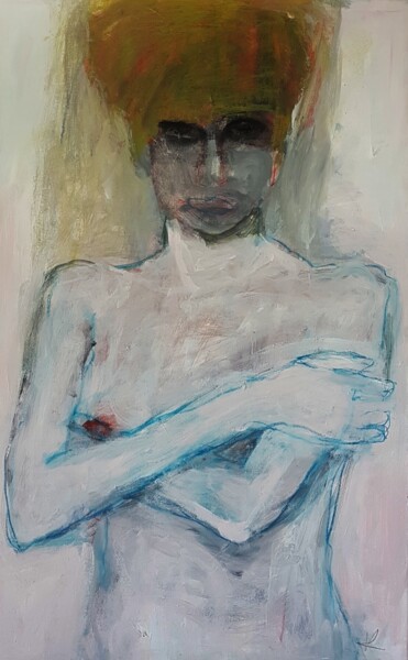 Malerei mit dem Titel "Frau mit gekreuzten…" von Barbara Kroll, Original-Kunstwerk, Acryl