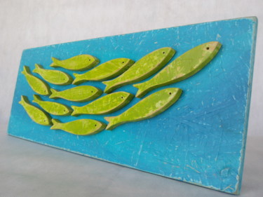 Escultura intitulada "Green and Blue Scho…" por Pedro Guimarães, Obras de arte originais, Madeira Montado em Painel de madei…