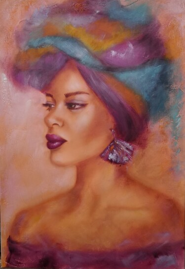 Le turban multicolore 绘画 标题为“Le turban multicolo…” 由Martine Gregoire, 原创艺术品, 油 安装在木质担架架上