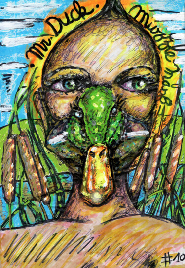 Dessin intitulée "#10-Duck Mask" par Karine Garelli (Reds Robin), Œuvre d'art originale, Marqueur