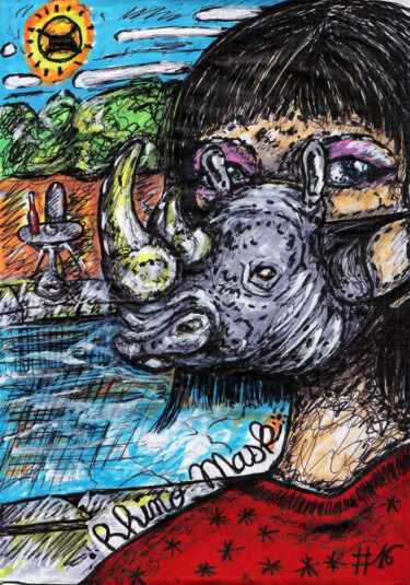 图画 标题为“#16-Rhino Mask” 由Karine Garelli (Reds Robin), 原创艺术品, 标记