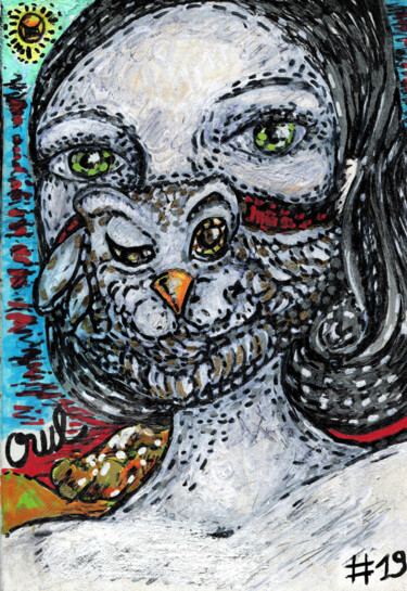 图画 标题为“#19-Owl Mask” 由Karine Garelli (Reds Robin), 原创艺术品, 标记