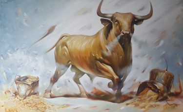绘画 标题为“,,GOLDEN BULL,,” 由Vadim Kovalev, 原创艺术品, 油 安装在木质担架架上
