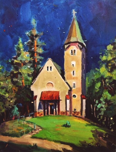 Painting titled "Евангелическая церк…" by Nina Silaeva, Original Artwork, Oil Mounted on Wood Stretcher frame