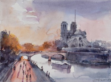 Ζωγραφική με τίτλο "Sunset by the Seine" από Goran Žigolić (watercolors), Αυθεντικά έργα τέχνης, Ακουαρέλα