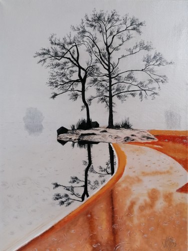Peinture intitulée "Tree by the Lake" par Vito Bzhitskiy, Œuvre d'art originale, Huile