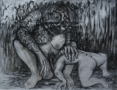 La Grotte Dessin intitulée "La Grotte" par Patrick Jannin, Œuvre d'art originale, Conté