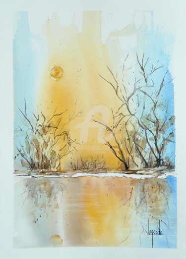 Painting titled "136 Le lac au soir" by Geneviève Lagarde, Original Artwork, Watercolor