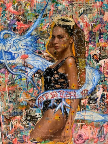 Malarstwo zatytułowany „MA PRINCESSE” autorstwa Groovy, Oryginalna praca, Kolaże Zamontowany na Drewniana rama noszy