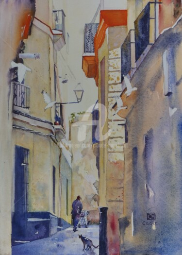 Cadix, le quartier Barrio del Populo No 2 Ζωγραφική με τίτλο "Cadix, le quartier…" από Claude Marchalot, Αυθεντικά έργα τέχνης, Ακουαρέλα