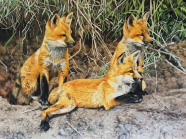 Malerei mit dem Titel "Patient Fox cubs" von Julian Wheat, Original-Kunstwerk, Acryl