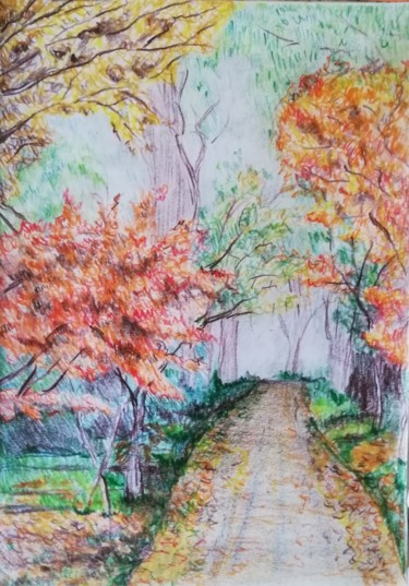 「Wood in autumn」というタイトルの描画 Kiko Cristoniによって, オリジナルのアートワーク, コンテ ウッドパネルにマウント