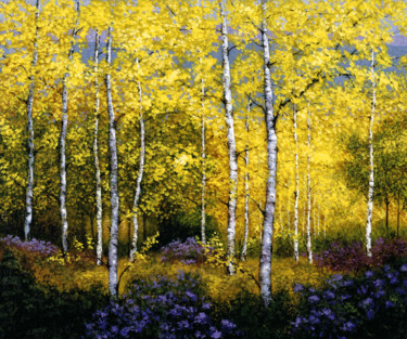 Printmaking titled "Birches" by Patrick Antonelle, Original Artwork, Oil Mounted on Wood Stretcher frame