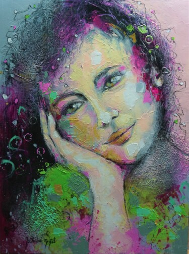 Douce rêveuse.nathalie Montel Painting titled "Douce rêveuse.natha…" by Nathalie Montel, Original Artwork, Acrylic Mounted on Wood Stretcher frame