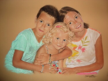 Painting titled "Portrait de trois e…" by Sylvie Geneste, Original Artwork, Pastel