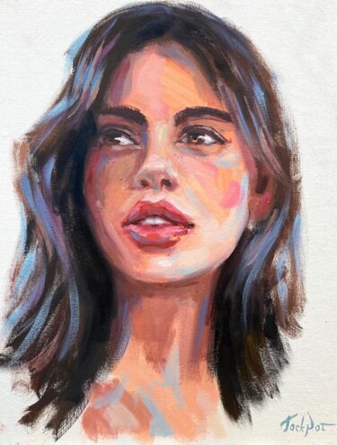 Oil portrait painting of a woman hand drawn portrait above Pintura titulada "Oil portrait painti…" por Evgeny Potapkin, Obra de arte original, Oleo Montado en Cartulina