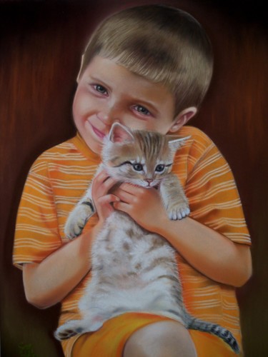 Painting titled "Coco et Filou" by Christine Mergnat, Original Artwork, Pastel