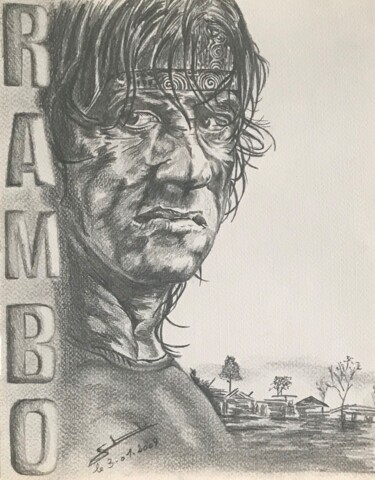 Portrait de Rambo réalisé au crayon Dessin intitulée "Portrait de Rambo r…" par Gilles Staub (LeCrayonAgile), Œuvre d'art originale, Crayon