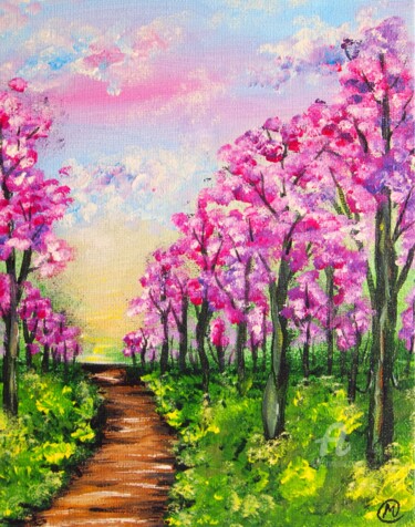 Painting titled "Bosque rosado" by María Del Carmen Pérez, Original Artwork, Acrylic Mounted on Wood Stretcher frame