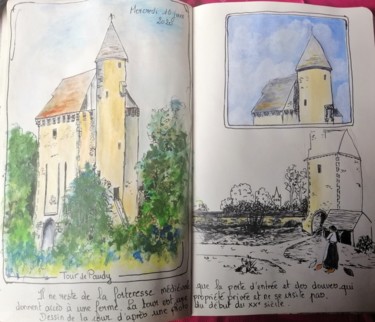 Dessin intitulée "La tour de Paudy" par Rosiane Priam, Œuvre d'art originale, Acrylique