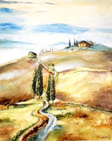 Malerei mit dem Titel "Paysage de village" von Mehri Guliyeva Moghadam, Original-Kunstwerk, Öl