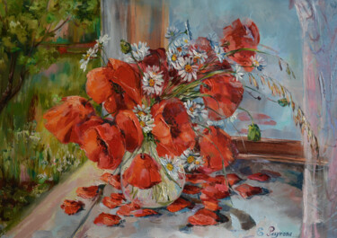 Red poppies on the windowsill. Картина под названием "Red poppies on the…" - Elena Reutova, Подлинное произведение искусства, Масло Установлен на Деревянна…