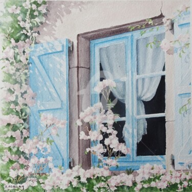 Pintura titulada "la Fenêtre bleue" por Josette Roboam, Obra de arte original, Acuarela Montado en Otro panel rígido