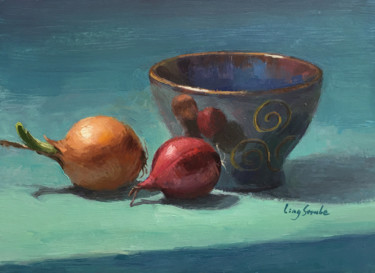 Still Life with Onions (framed) Painting titled "Still Life with Oni…" by Ling Strube, Original Artwork, Oil