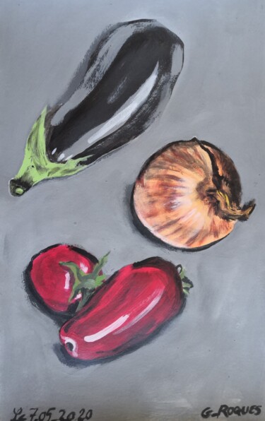 Schilderij getiteld "TOMATE AUBERGINE OI…" door Georges Roques, Origineel Kunstwerk, Acryl