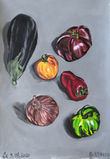 Schilderij getiteld "AUBERGINE TOMATES O…" door Georges Roques, Origineel Kunstwerk, Acryl
