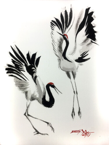 N°567 Japanese crane 001 #ArtistSupportPledge Pintura titulada "N°567 Japanese cran…" por Alexandre Dumitrescu, Obra de arte original, Acuarela