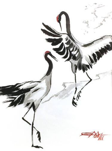 N°631 Japanese crane 004 IMG_5239 #ArtistSupportPledge Pintura titulada "N°631 Japanese cran…" por Alexandre Dumitrescu, Obra de arte original, Acuarela