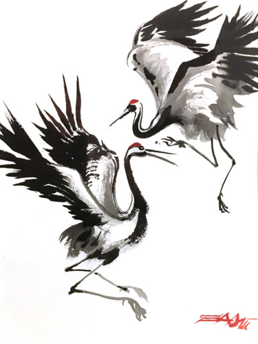 N°630 Japanese crane 003 Pintura titulada "N°630 Japanese cran…" por Alexandre Dumitrescu, Obra de arte original, Acuarela