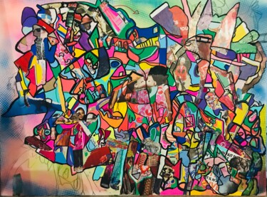 Collages titled "L'homme animal" by Muriel Deumie, Original Artwork, Collages Mounted on Wood Stretcher frame