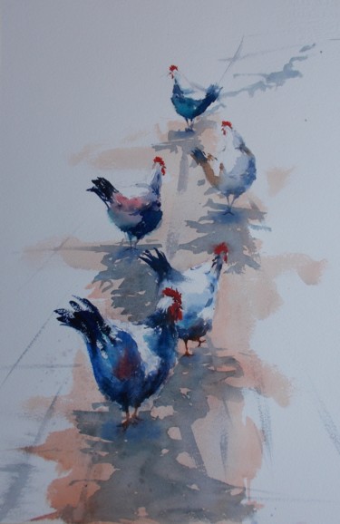 rooster and hens 3 Peinture intitulée "rooster and hens 3" par Giorgio Gosti, Œuvre d'art originale, Aquarelle
