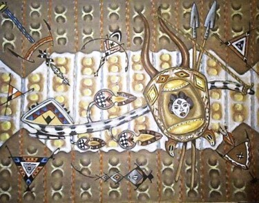 Schilderij getiteld "Bouclier avec masqu…" door Benidiri Redha, Origineel Kunstwerk