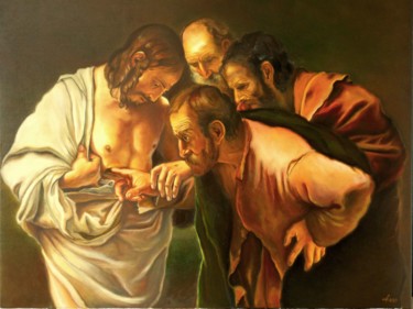 Reproduction Caravaggio - The incredulity of Saint Thomas Schilderij getiteld "Reproduction Carava…" door Adina Lupan, Origineel Kunstwerk, Olie Gemonteerd op Frame voor houten branc…