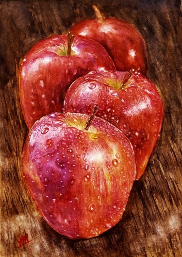 绘画 标题为“Droplets On Apples” 由Sabari Girish T, 原创艺术品, 水彩