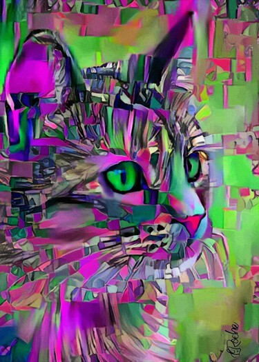 Milou neon - cat, mix media on panel-70x50 cm-OOAK