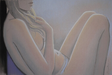 Tekening getiteld "Girl in blue" door Jacques Place, Origineel Kunstwerk, Pastel