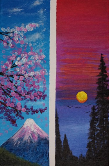 Peinture intitulée "Fuji et Crépuscule" par Adrien C., Œuvre d'art originale, Acrylique