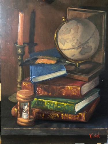 Painting titled "Globe, books and ti…" by Christopher Vidal, Original Artwork, Oil