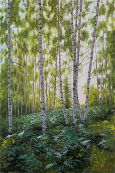 Ferns in a birch forest Painting titled "Ferns in a birch fo…" by Dejan Trajkovic, Original Artwork, Oil