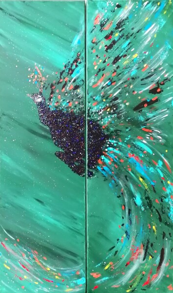 Peinture intitulée "L'envol du paon" par Alexandra Isler, Œuvre d'art originale, Acrylique